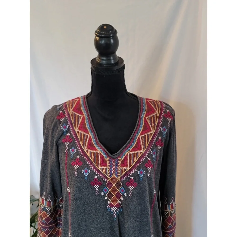 Johnny Was Gray Embroidered Boho V-Neck‎ Tunic Dress 3/4 Sleeve Small